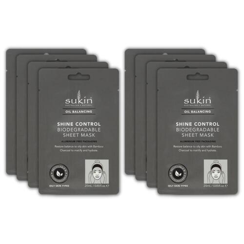 8 x Sukin Oil Balancing Shine Control Biodegradable Sheet Face Mask 25mL