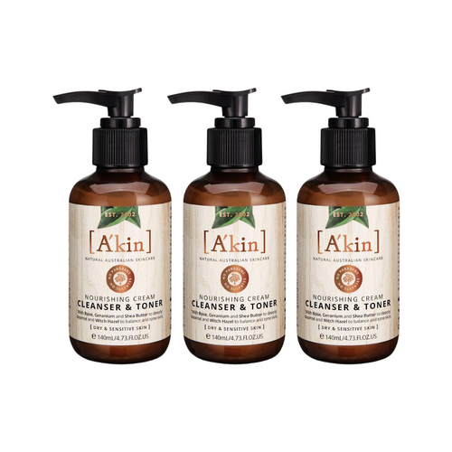 3 x A'kin Nourishing Cream Cleanser & Toner 140mL - Dry & Sensitive Skin 